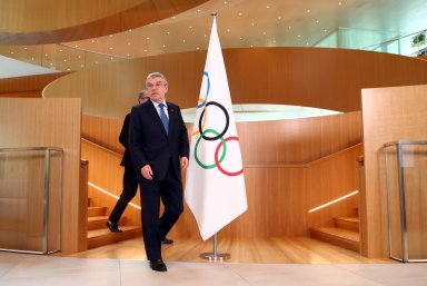 Bach President of the IOC arrives for a statement after an Executive Board meeting in Lausanne