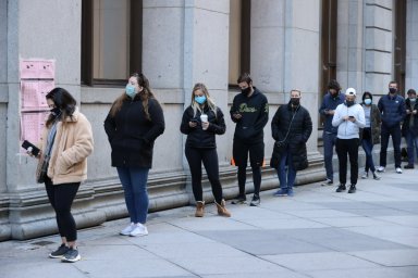 Voters line up at a polling station to vote in the 2020 U.S. presidential election in Philadelphia