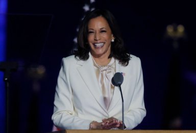 Democratic 2020 U.S. vice presidential nominee Kamala Harris speaks at their election rally in Wilmington