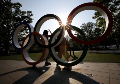 Olympic Rings monument outside the Japan Olympic Committee (JOC) headquarters in Tokyo