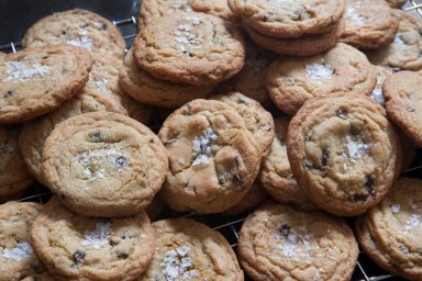 Close-Up of Homemade Chocolate Chip Cookies on Cooling Rack