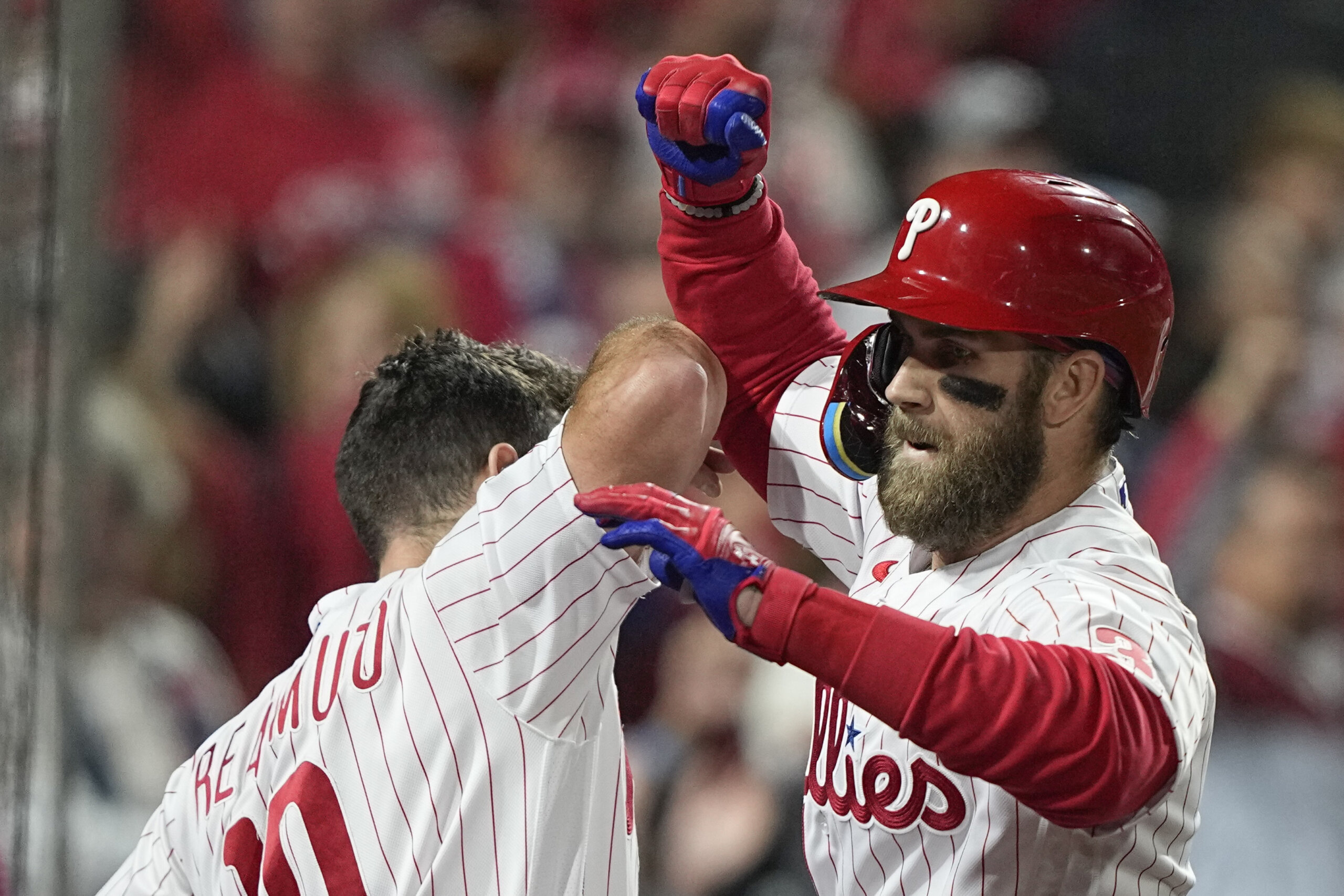 Detail of the Phillie Phanatic sliding mat worn by Bryce Harper of