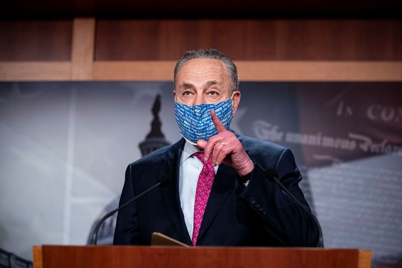 U.S. Senate Majority Leader Chuck Schumer (D-NY) speaks during a