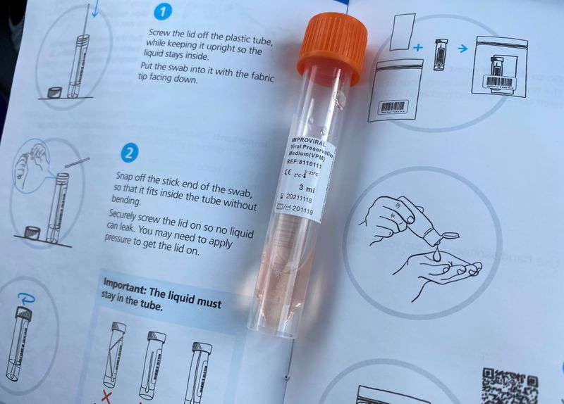 Picture illustration of a swab sample tube and self-test instructions