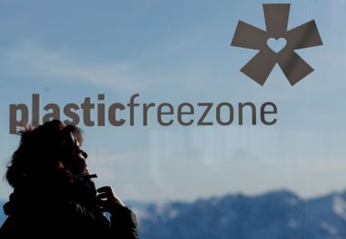 FILE PHOTO: A skier looks at a “plastic free zone”
