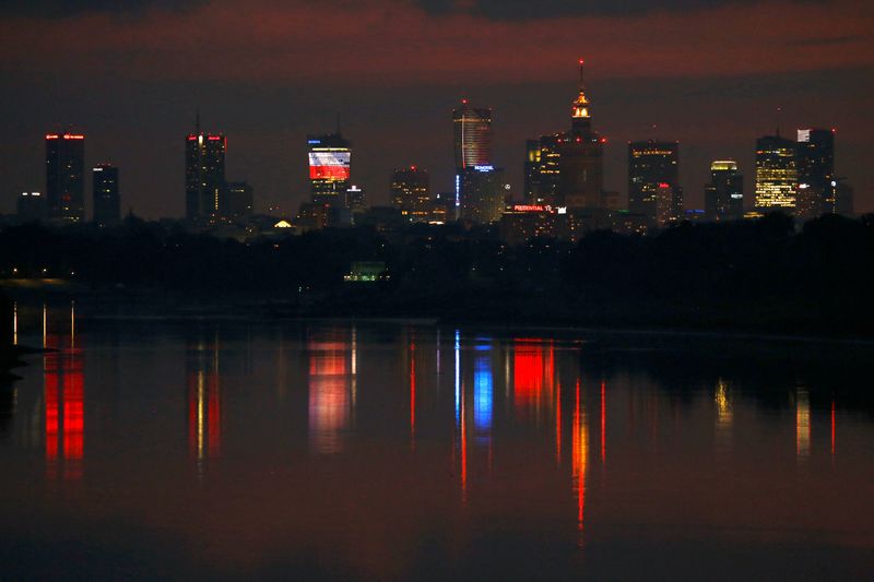 Skyline of Warsaw skyscrapers is pictured after sunset in Warsaw