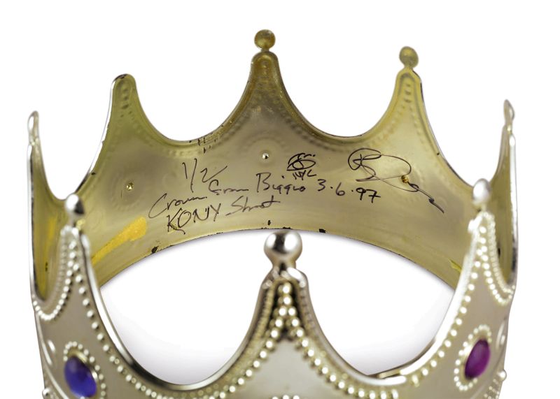 The signed plastic crown worn by rapper Notorious B.I.G. for