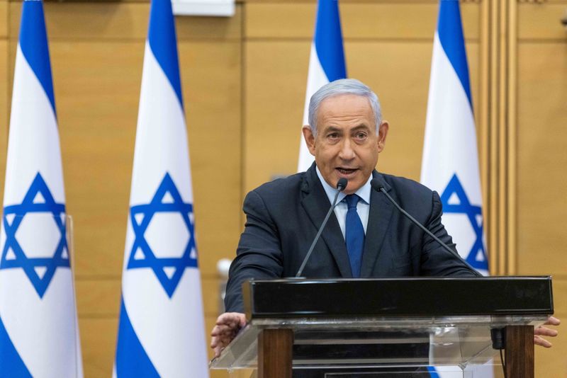 Israeli Prime Minister Benjamin Netanyahu delivers a statement in the