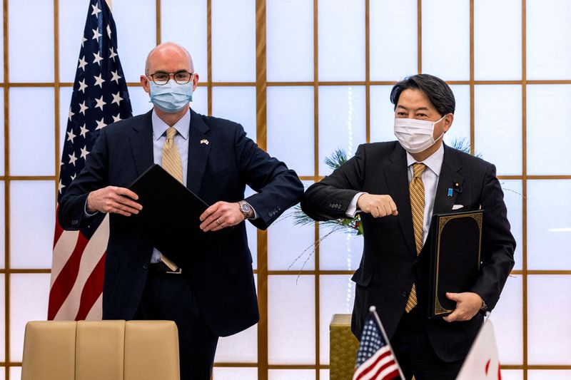 Japan’s Foreign Minister Yoshimasa Hayashi and Raymond F. Greene, charge