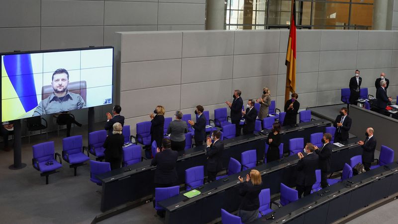 Ukraine’s President Zelenskiy delivers video address to the Bundestag, in