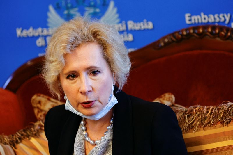 Russian Ambassador to Indonesia Lyudmila Vorobieva talks to journalists during