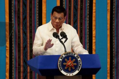 Philippine President Rodrigo Duterte gestures during his fourth State of