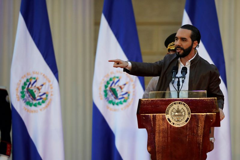 El Salvador President Nayib Bukele speaks during a ceremony to