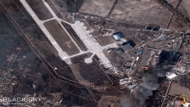 A satellite image collected over Antonov Airfield shows the destroyed